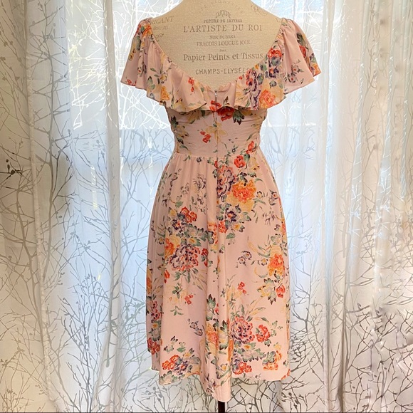 Rebecca Taylor Marlena pink green yellow floral print silk ruffle neckline dress - Picture 6 of 13